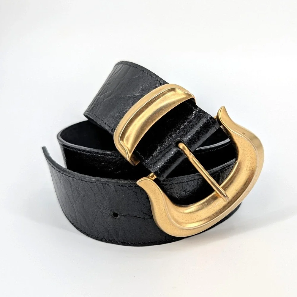 Patricia Nash Details Black Leather Belt Oversized Gold Sculptural Buckle‎ USA M